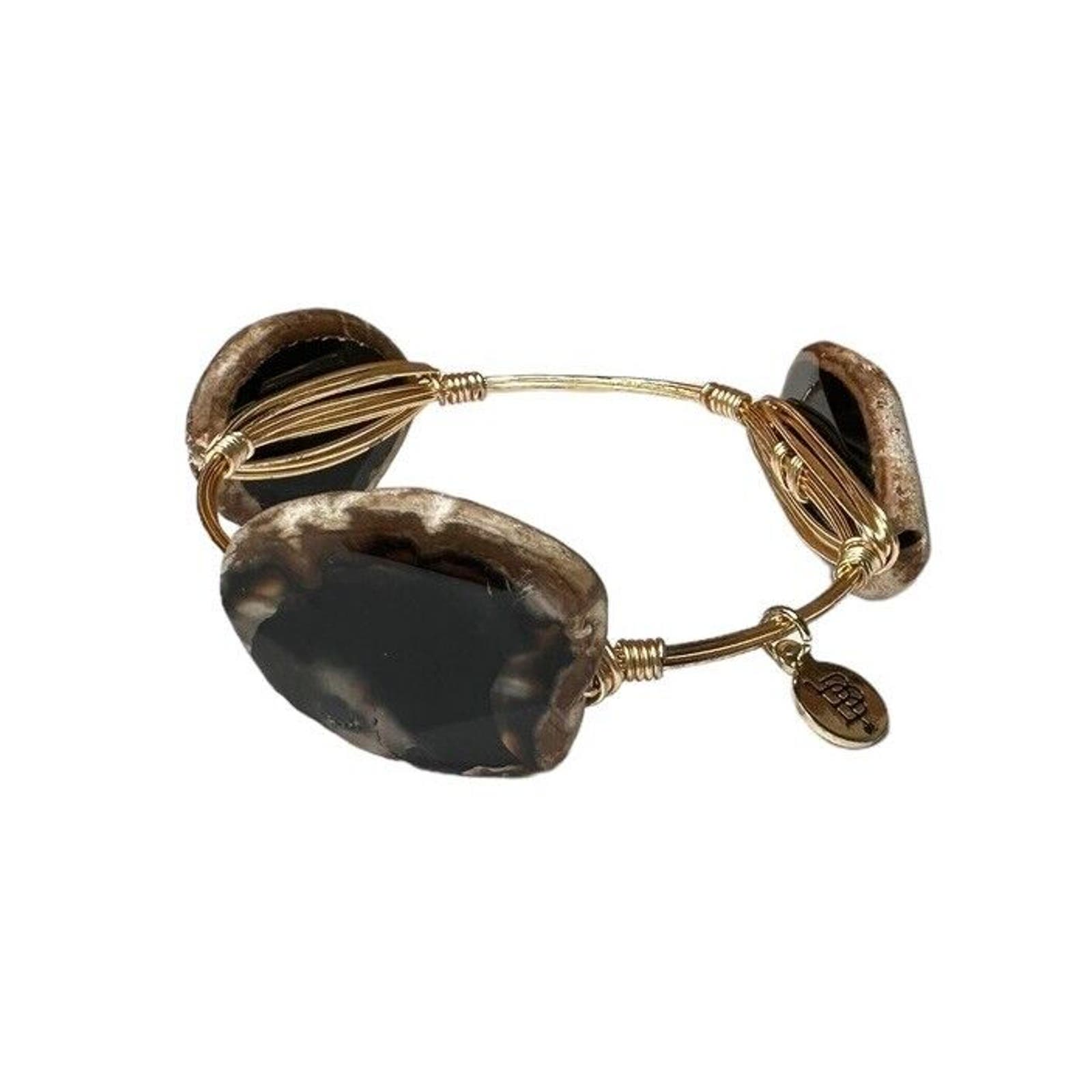 Bourbon And Bowties Gold Tone Wire Wrapped Brown Gemstone Bangle Bracelet 23$